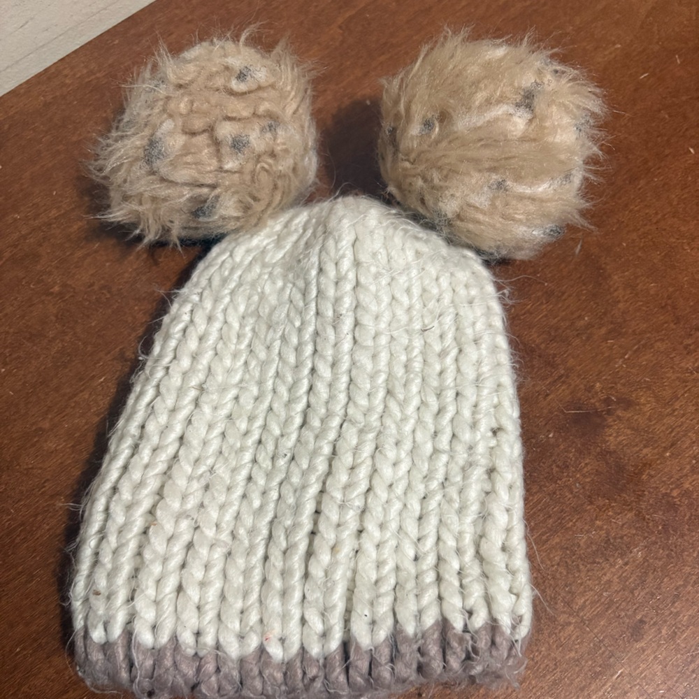 Cozy Cream and Brown Kids Pom-Pom Beanie